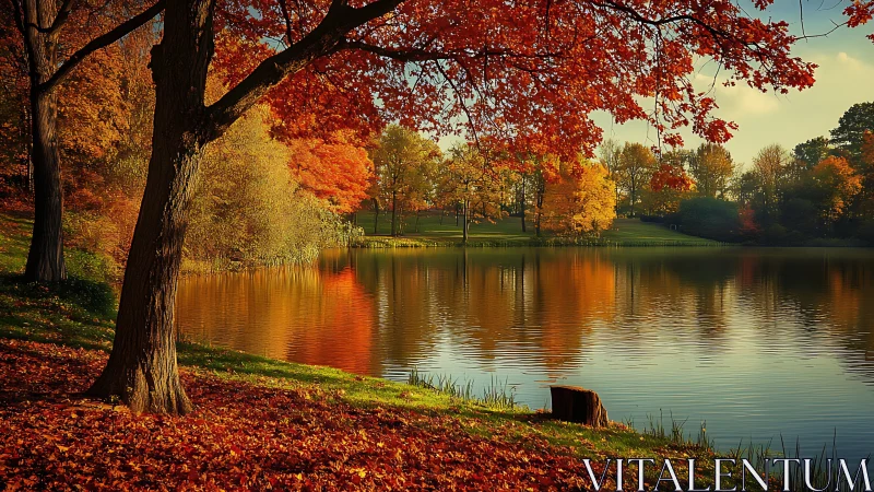 Golden autumn trees lean gently over a peaceful lakeshore