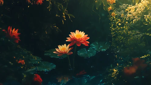 Warm Dahlia Flowers in Dark Garden Setting.