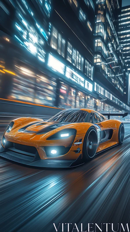 Orange supercar races through neon city streets at night