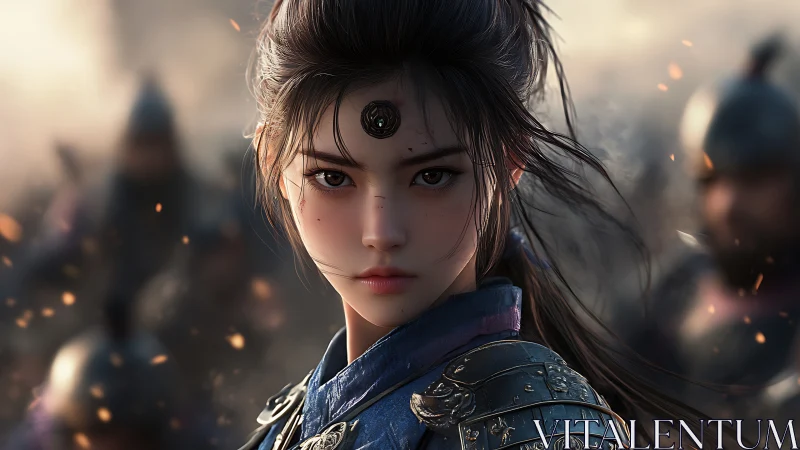 Digital painting portrait of armored warrior heroine in battlefield.