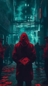 Hooded central figure in neon alley with scattered leaflets.