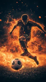 Flame-footed striker hammers a blazing shot through darkness.