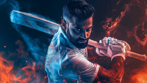 Cricket batter drives bat through fire and ice energy storm.