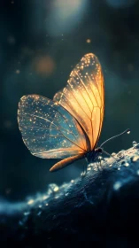 Translucent butterfly on wet surface under low light conditions.