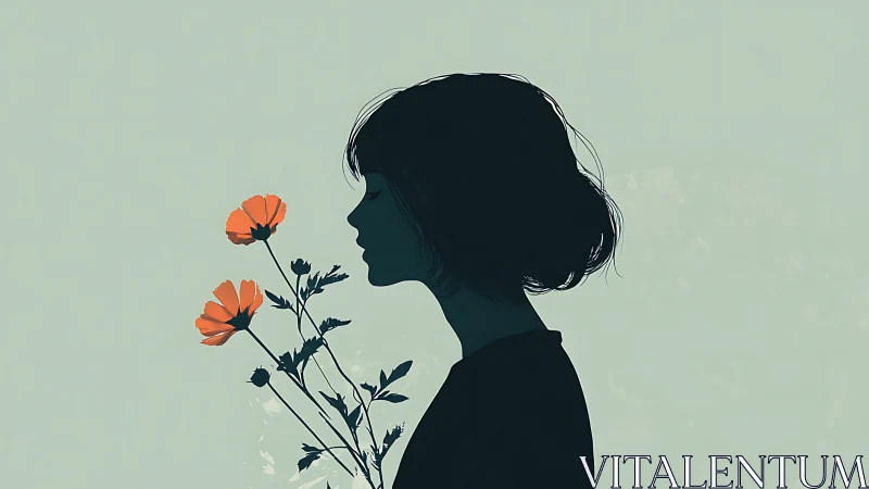 Silhouette of woman with orange flowers on pale background.