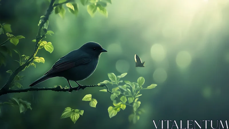 Serene bird on branch in soft morning light, dreamy nature scene.