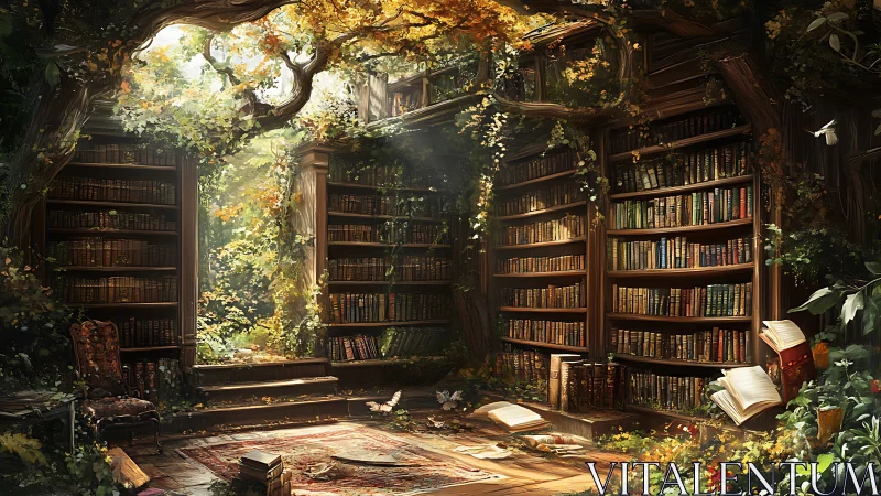Whispering forest library where sunlight shelves the stories.