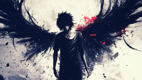 Dark winged figure rendered with dynamic ink-like brush strokes