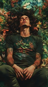 Tattoed man reclines amid dense florals in stylized portrait