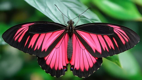 Macrophotographic study of pink-black tropical butterfly wings.