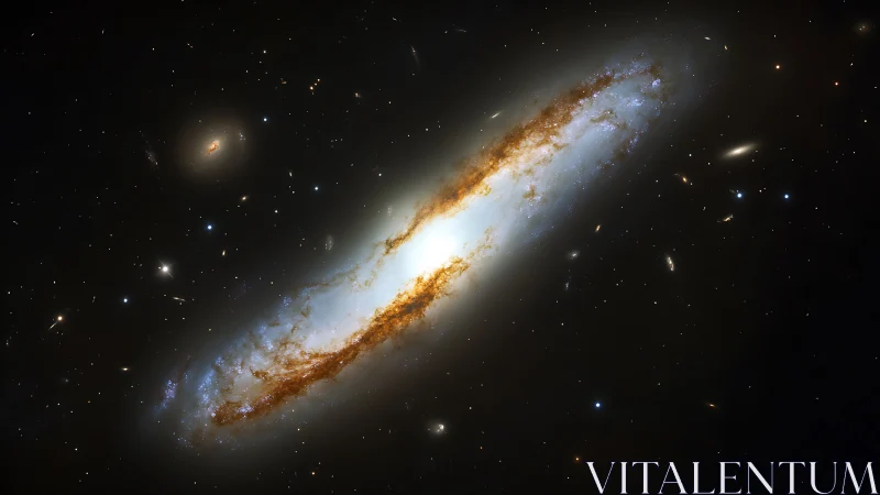 Edge-on spiral galaxy with bright core and dust lane.