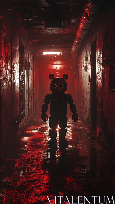 Silhouetted animatronic figure in red industrial hallway.