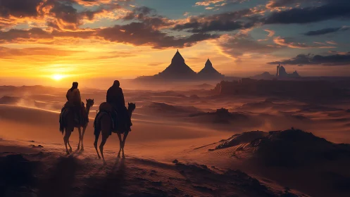 Sunset caravans drift toward mythic desert pyramids.