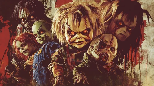 Group portrait of damaged horror dolls with glowing eyes.