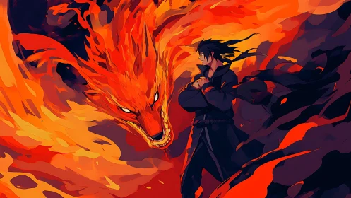 Inferno fox spirit coils beside a shadow clad warrior.