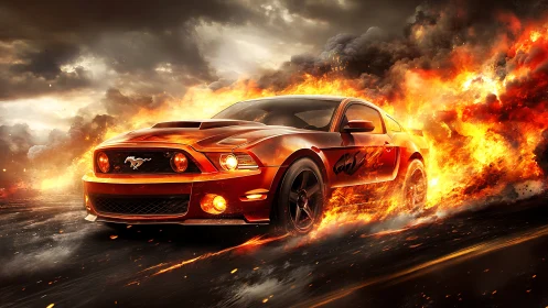 Muscle car blazing through explosive inferno on highway.