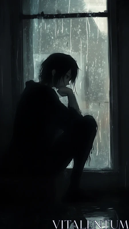 Silhouetted figure sits by rainy window in dim interior