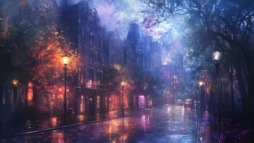 Rain soaked city street shows glowing lamps and wet pavement