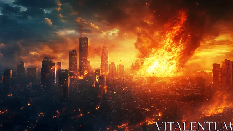 Towering city skyline endures a blazing apocalyptic sunset