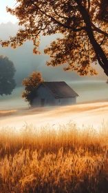Rural wooden shed in misty field under backlit trees.