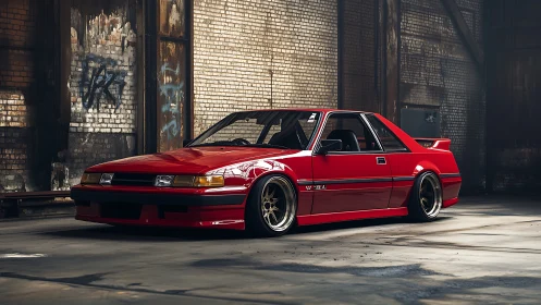 Red retro coupe stands bold in an abandoned urban warehouse