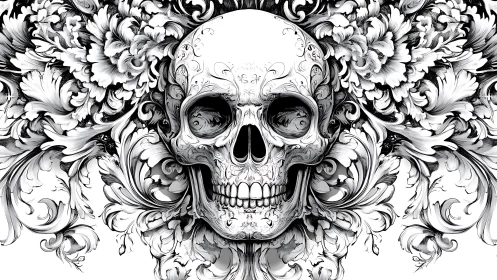 Baroque skull illustration integrates ornate floral scrollwork symmetrically