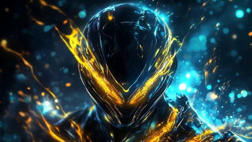 Futuristic armored figure with glowing molten accents.