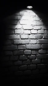 Single overhead spotlight isolates textured brick wall surface