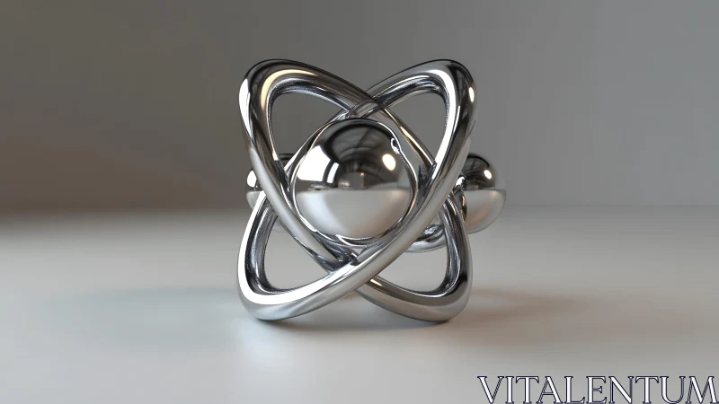 Polished chrome atom sculpture rests in soft studio light