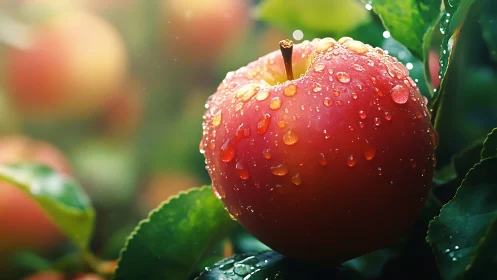 Sunlit dewy apple in lush orchard close-up render.