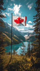 Canadian flag above turquoise alpine lake under bright sky