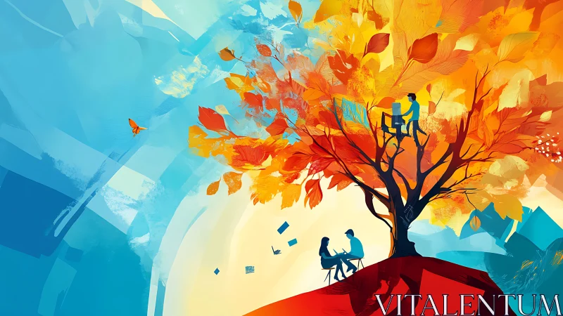 Digital painting of autumn learning tree on abstract hillscape.