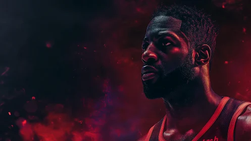Glow of the game: determined player in red-lit focus.