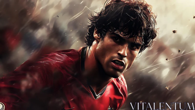 Storm-eyed football warrior racing through roaring dusk.