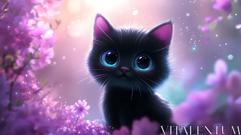 Black feline character with oversized blue eyes surrounded by pink floral elements