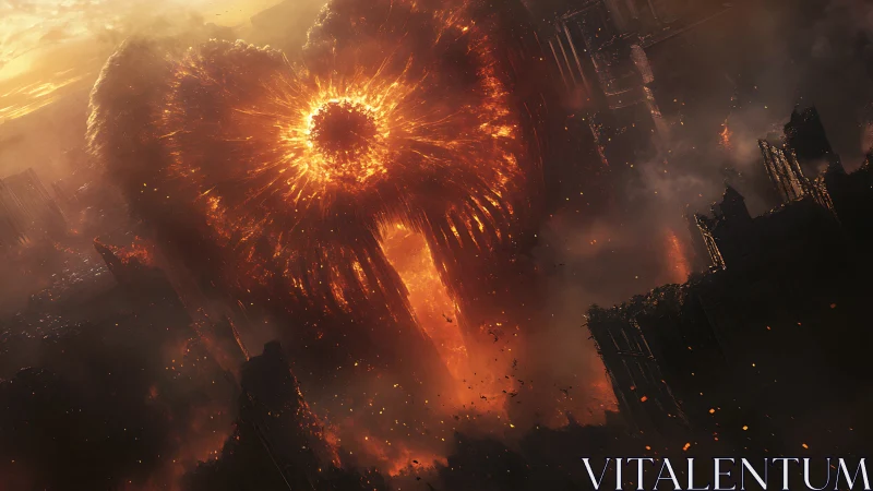 Gigantic fiery vortex consuming a collapsing dark city.