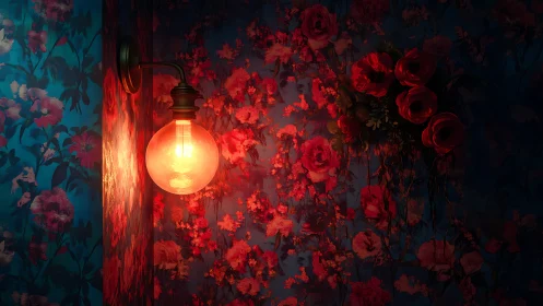 Incandescent wall sconce illuminating saturated floral wallpaper
