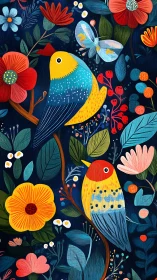 Colorful songbirds rest among blooming forest flowers