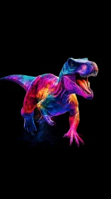 Neon-spectrum T. rex rendered with high-contrast edge lighting on black