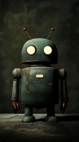 Stoic tinbot quietly guards the shadows of a forgotten lab