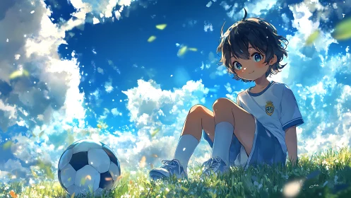 Youth soccer player resting on sunny grass field.