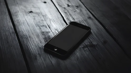 Smartphone Positioned on Weathered Wooden Surface with Atmospheric Lighting.
