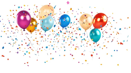 Chromatic Metallic Balloons with Confetti Cascade Against White Background