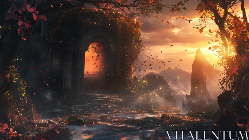 Sunlit ruin gateway crowns misty autumn canyon.