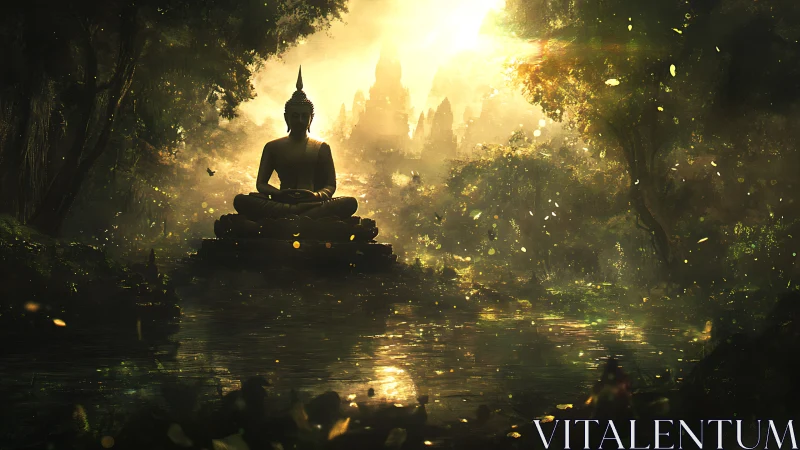 Sunlit river sanctuary crowned by meditating Buddha silhouette.