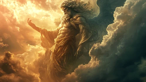 Winged muscular deity figure emerges dynamically from clouds
