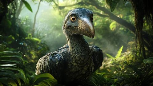 Realistic prehistoric bird in lush jungle, digital art rendering.