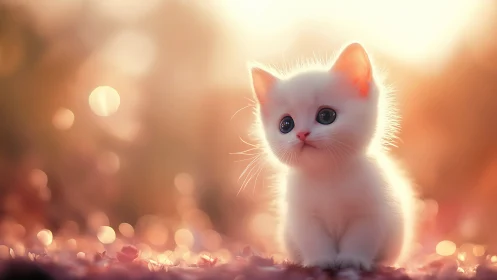 White Kitten Bathed in Golden Warm Light