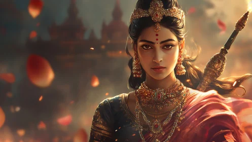 Warrior princess stands poised in glowing temple twilight