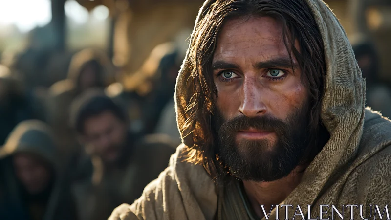 Bearded man in hooded robe with intense gaze in crowd.